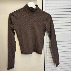 Brandy Melville Navy and Brown Striped Cropped Mock Neck Shirt